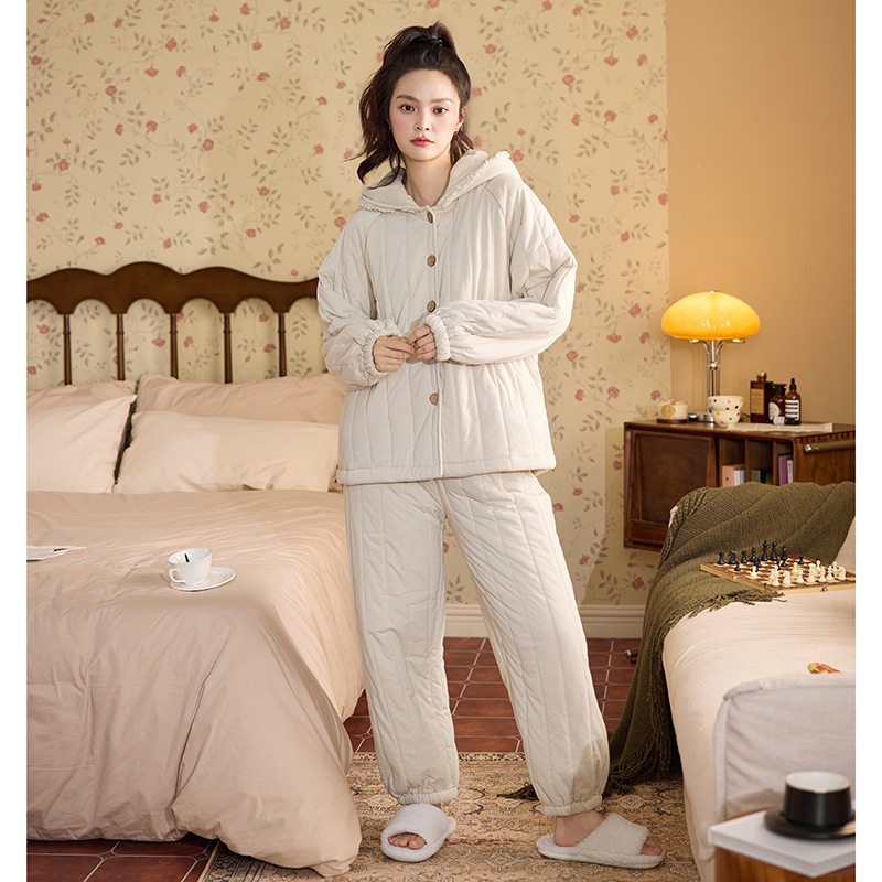 【三层夹棉】冬季款加绒加厚黑色休闲连帽宽松保暖睡衣女家居服,淘宝优惠券,粉丝福利购,淘宝优惠卷