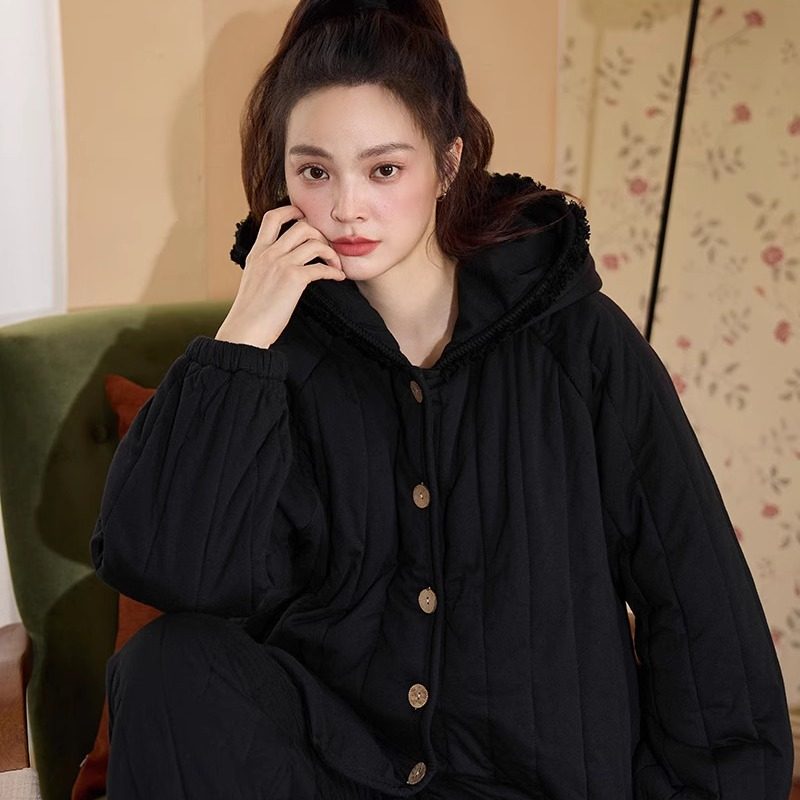 【三层夹棉】冬季款加绒加厚黑色休闲连帽宽松保暖睡衣女家居服,淘宝优惠券,粉丝福利购,淘宝优惠卷