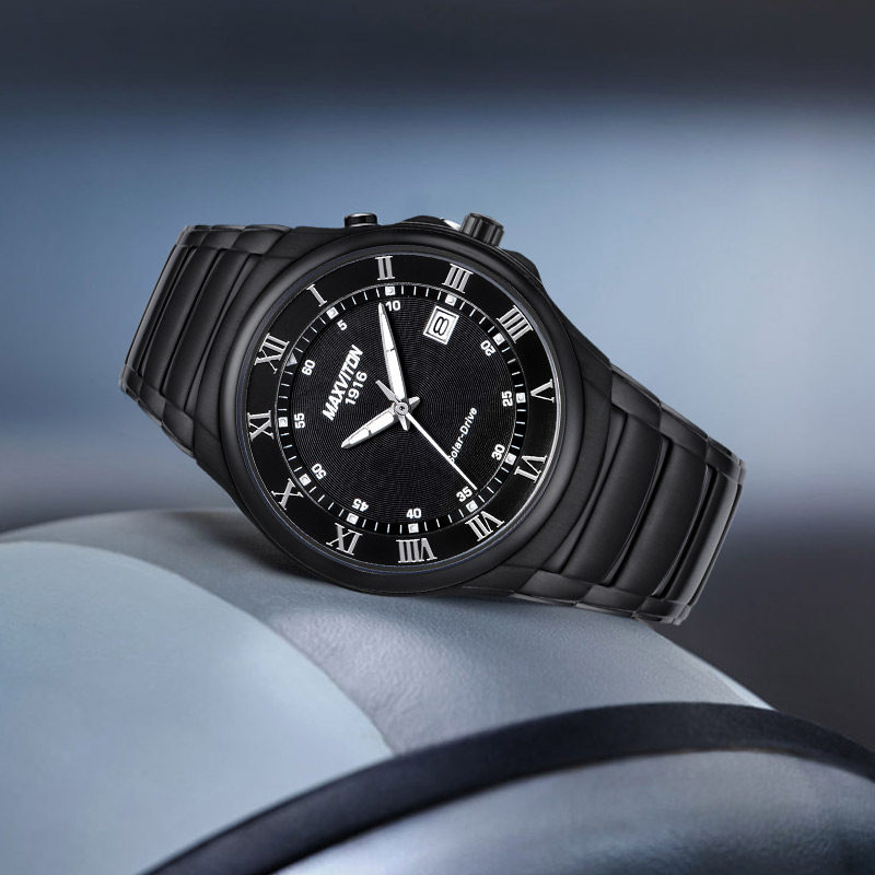 玛斯威顿光能男士精钢带日历男表 玛斯威顿国产腕表