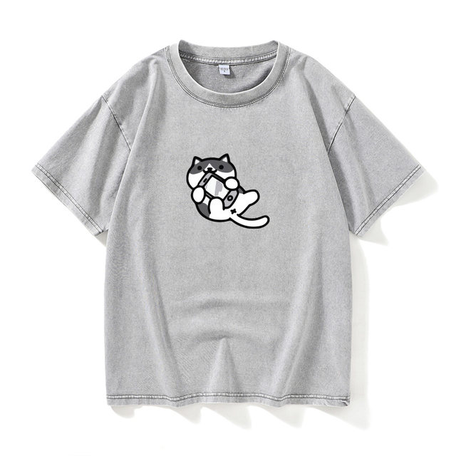 Cute samurai cat pattern T-shirt short sleeve black clothes