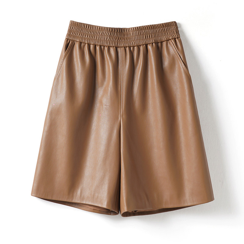 海宁真皮裤女短款2025秋冬新款绵羊皮五分裤高腰韩版松紧阔腿中裤,淘宝优惠券,粉丝福利购,淘宝优惠卷