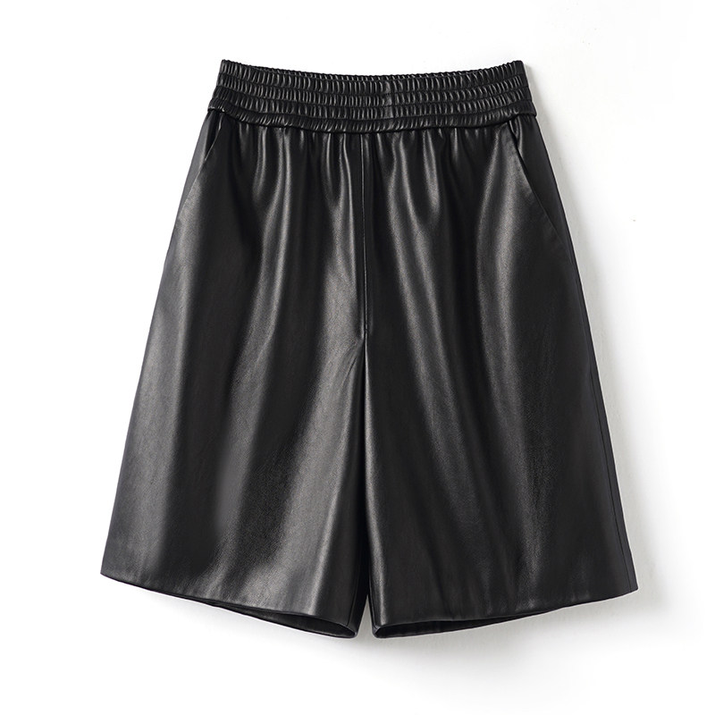 海宁真皮裤女短款2025秋冬新款绵羊皮五分裤高腰韩版松紧阔腿中裤,淘宝优惠券,粉丝福利购,淘宝优惠卷