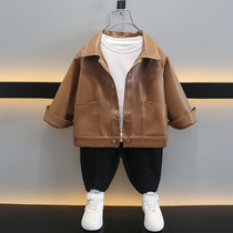 Boy coat spring autumn clothing leather clothes 2023 new handsome young children clothes baby foreign air windproof pu leather jacket tide cool