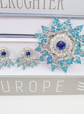 镀真金蓝色花朵胸针耳钉立体重工