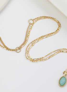 欧美小众黄铜电镀真金复古蓝色真石吊坠K简约气质百搭短款项链女