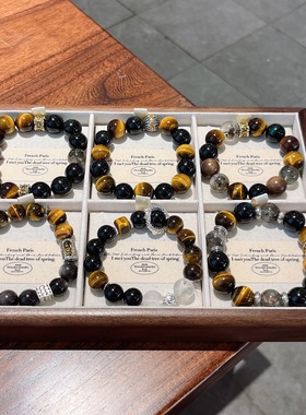 天然水晶黄虎眼石黑曜石手链经典大颗粒圆珠男士新爆款手串饰品