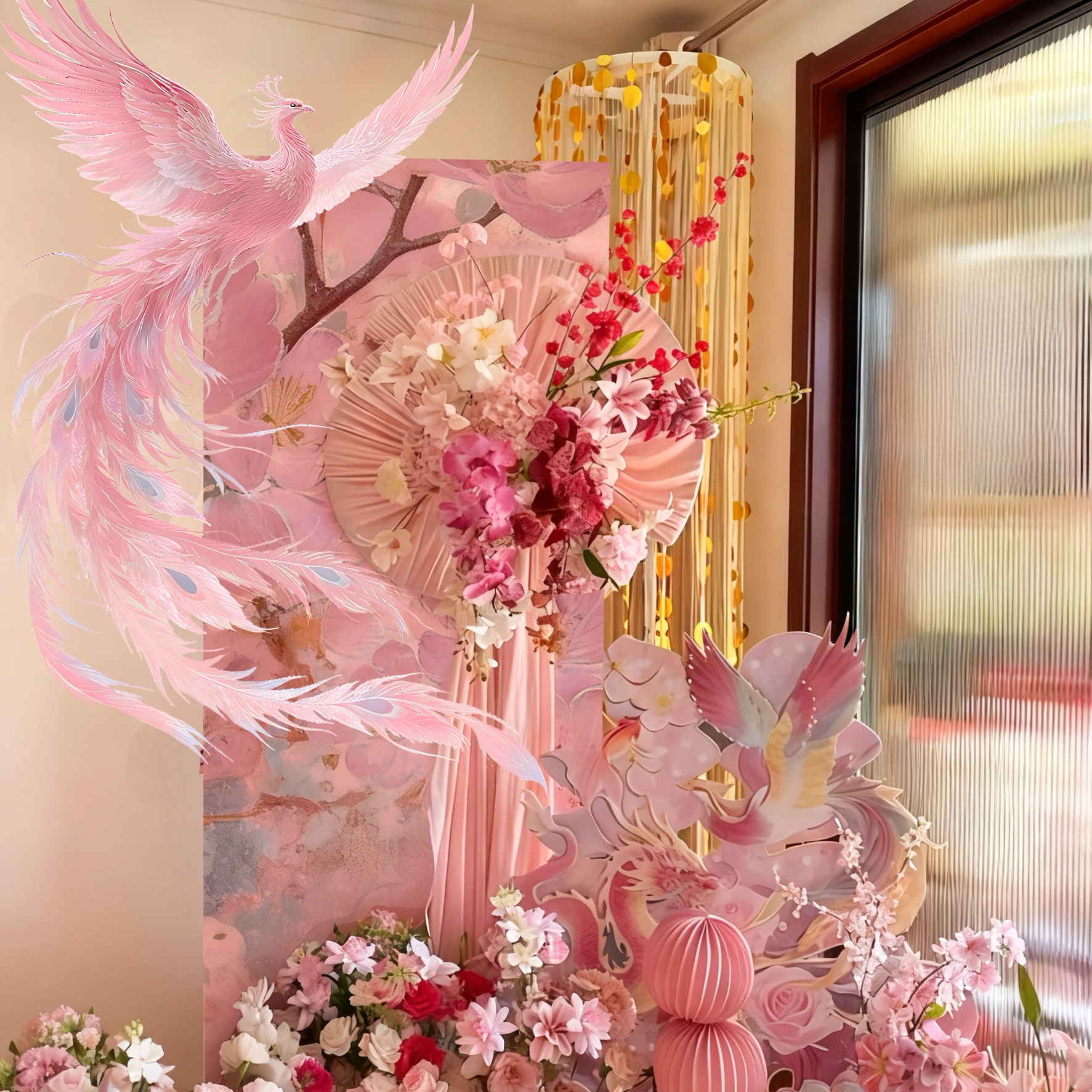 粉色中式婚房装扮布置套餐喜字鲜花装饰拍照道具高级感背景墙结婚,淘宝优惠券,粉丝福利购,淘宝优惠卷