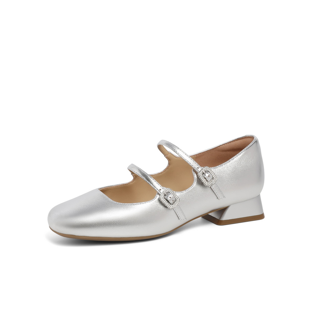 百丽Belle女鞋子粗跟银色玛丽珍鞋2025春季真皮浅口单鞋3QA17AQ5 - 图0