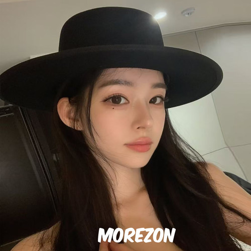 MOREZON【Brown hat Pork-Pie Flat Top Hat】秋冬潮人毛呢礼帽女 - 图0