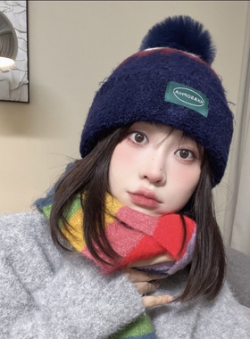 秋冬氛围感圣诞毛线帽子女休闲百搭甜美韩版包头帽毛球保暖毛绒帽