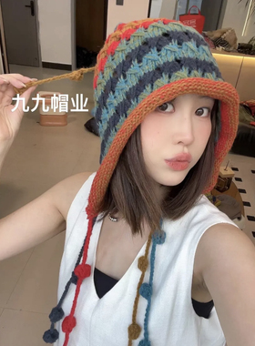 民族风彩虹毛线帽子女可爱保暖针织帽甜美秋冬护耳流苏辫子包头帽