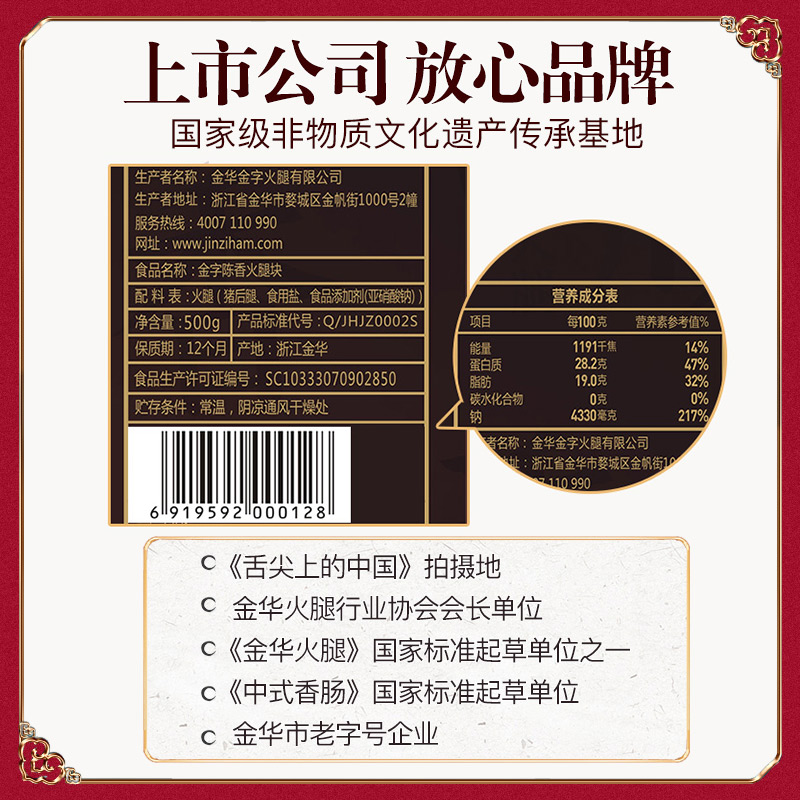 金华金字火腿旗舰店金字火腿 金华带骨中方火腿肉块500gx2盒切片礼盒 浙江特产火腿3