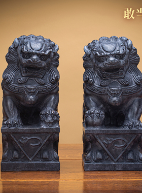 泰山青石狮子摆件一对门口看门
