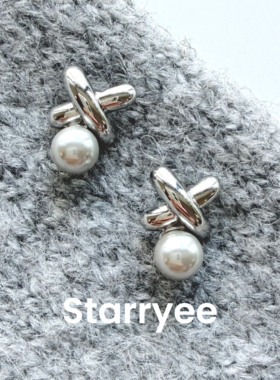 Starryee几何交叉灰色珍珠耳钉女