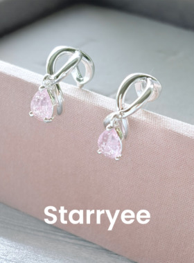 Starryee甜美粉钻锆石线条耳钉女
