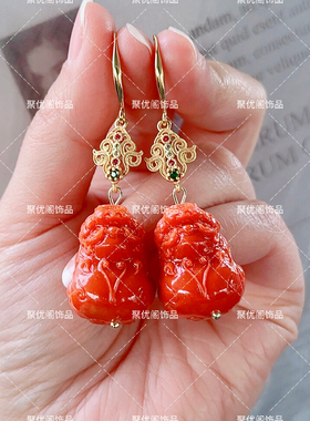 南红玛瑙色满红满肉女款立体招财进宝貔貅耳钩耳饰耳环耳坠
