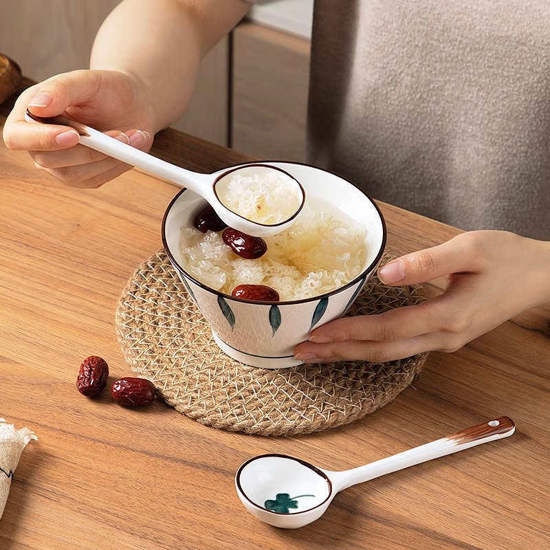 居家家陶瓷勺子家用日式高颜值喝汤的小勺子长柄圆头盛汤舀粥调羹 - 图2
