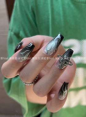 柒贰零Nail 欧美辣妹火焰渐变晶石猫眼穿戴甲假指甲成品可拆卸