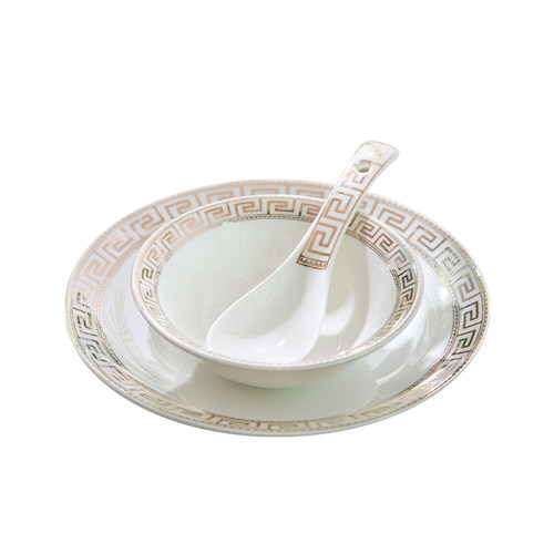 酒店用品摆台陶瓷餐具中式餐厅黄金万字曲饭店碗碟杯勺四件套套装 - 图3