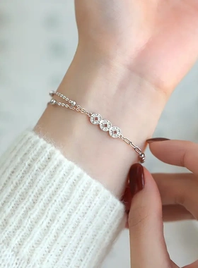 S925纯银铜钱手链女小众兔年闺蜜