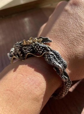 仙界原创手工纯银龙形龙鳞手镯男复古泰银霸气潮手环龙生肖骨
