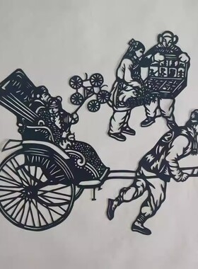 刻纸蓝色生活场景民俗人物装饰画