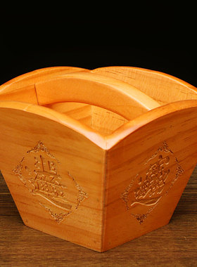 桃木雕刻四方仿古米斗工艺品摆件