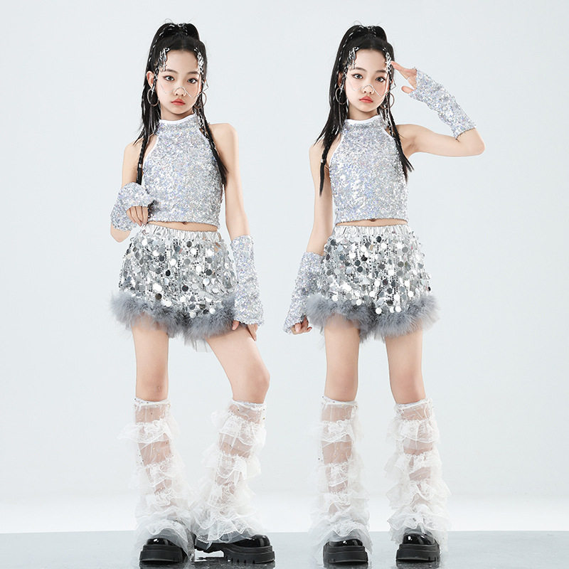 女童爵士舞亮片演出服银色无袖露脐上衣套装甜酷hiphop街舞嘻哈服,淘宝优惠券,粉丝福利购,淘宝优惠卷