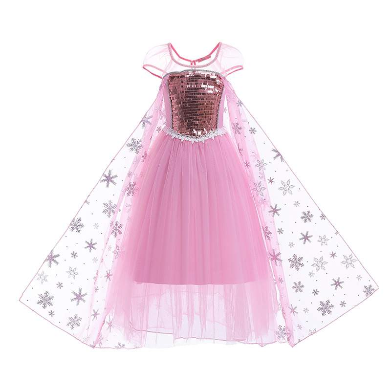 夏季女童粉色艾莎Elsa公主裙Frozen爱莎披风长裙小女孩好看漂亮裙 - 图0