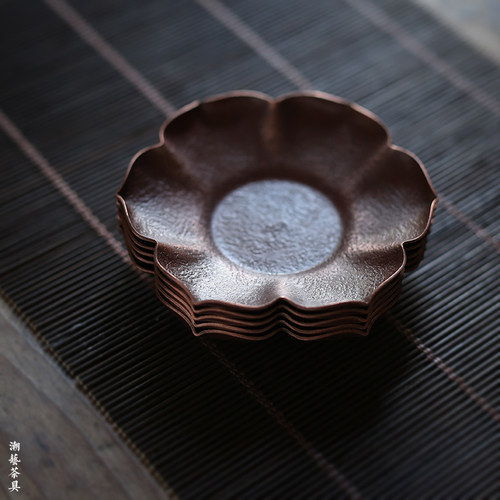 手工铜杯垫 日本杯托锡 银紫铜 茶托莲花奉隔热垫 金工茶道配件 - 图0