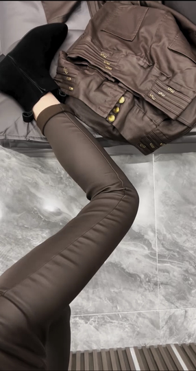 Women's high-waist coated plus fleece nine-point plus fleece brushed leather pants