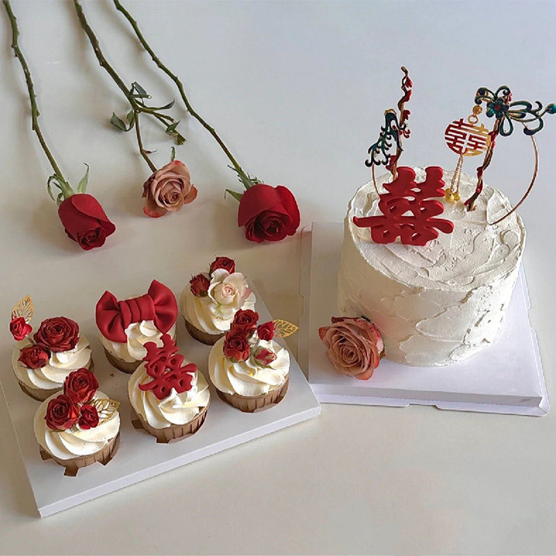 订婚喜字蛋糕装饰插件铁艺圆形囍石榴凤凰珍珠结婚甜品台装饰配件
