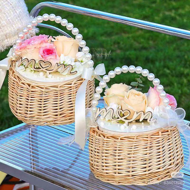 网红母亲节蛋糕装饰藤编手提篮珍珠藤编鲜花妈妈木质mom插件装饰z,淘宝优惠券,粉丝福利购,淘宝优惠卷