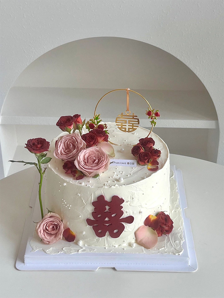 中式订婚宴纸杯蛋糕装饰摆件铁艺圆形囍石榴花插件结婚喜字甜品台