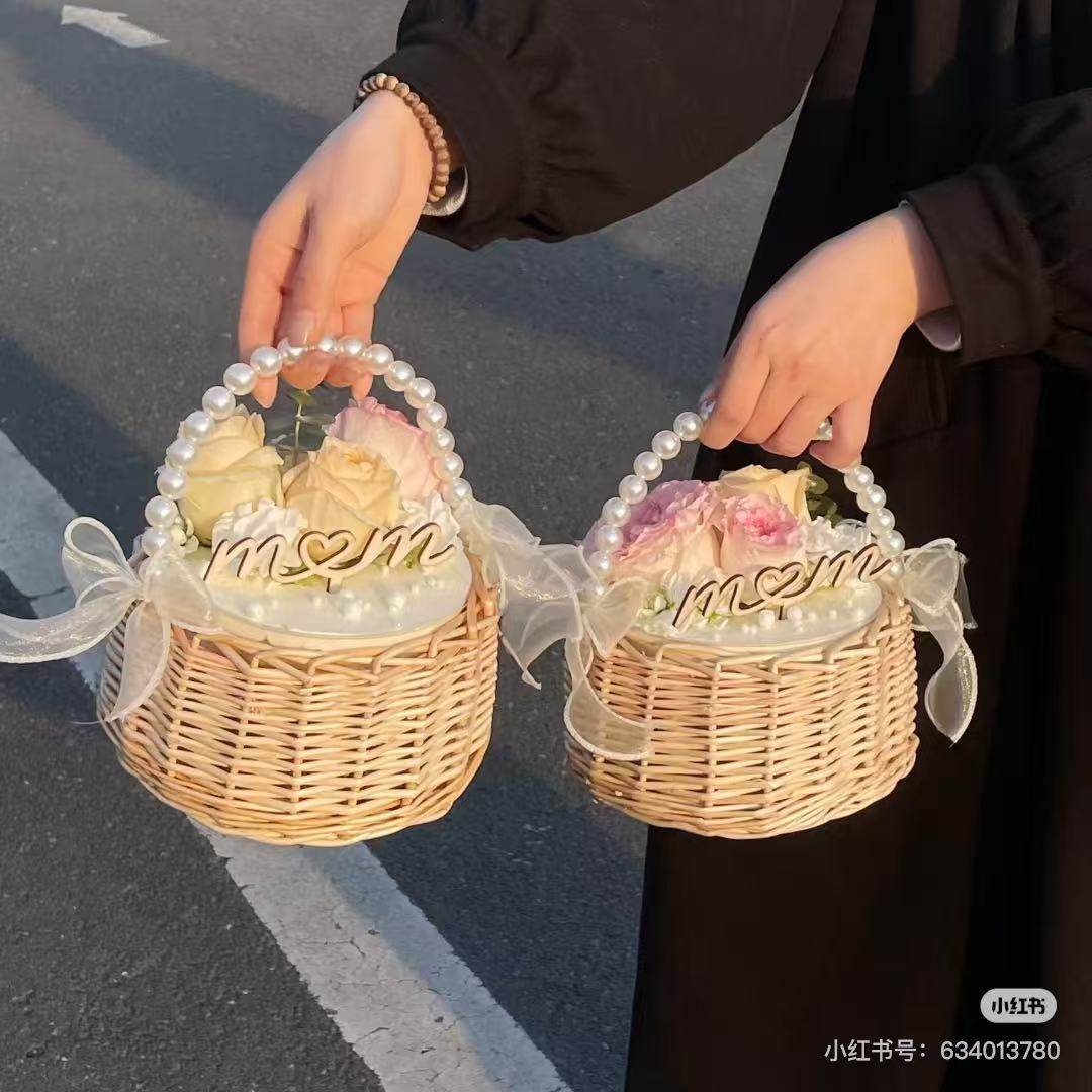网红母亲节蛋糕装饰藤编手提篮珍珠藤编鲜花妈妈木质mom插件装饰z,淘宝优惠券,粉丝福利购,淘宝优惠卷