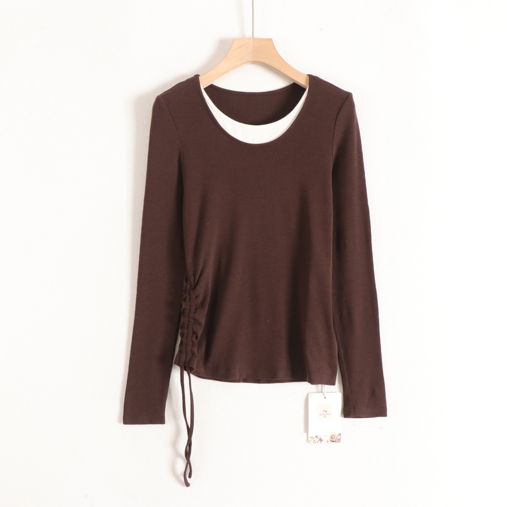 【言】拼色双领高弹紧身塑身抽褶简约百搭针织上衣女26春装新款,淘宝优惠券,粉丝福利购,淘宝优惠卷