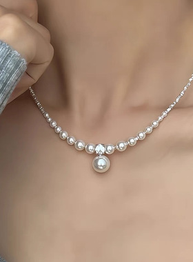 高级感碎银子金属珍珠项链女法式复古个性简约百搭气质颈链锁骨链