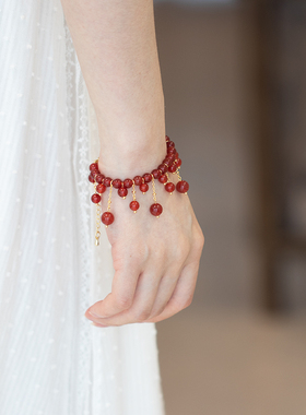 原创设计红玛瑙流苏古风红色新年节日手链汉服旗袍日常配饰