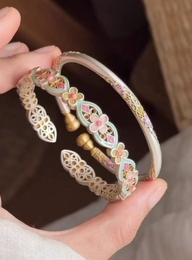 逃之夭夭「花满筑」国风新中式宫廷复古足银999珐琅彩重工手镯