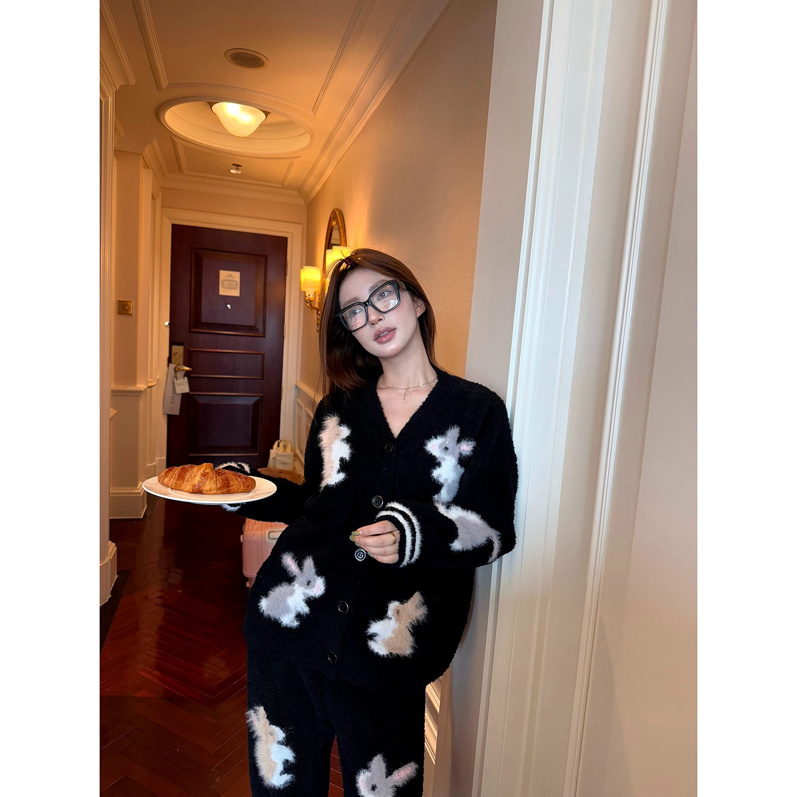 JoyceBra半边绒睡衣女冬季加厚保暖防寒卡通兔子可外穿家居服套装 - 图0