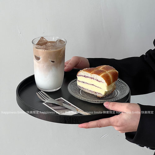 日式茶盘水果盘家用黑色圆形木托盘餐盘杯子收纳盘甜品盘蛋糕盘子 - 图3