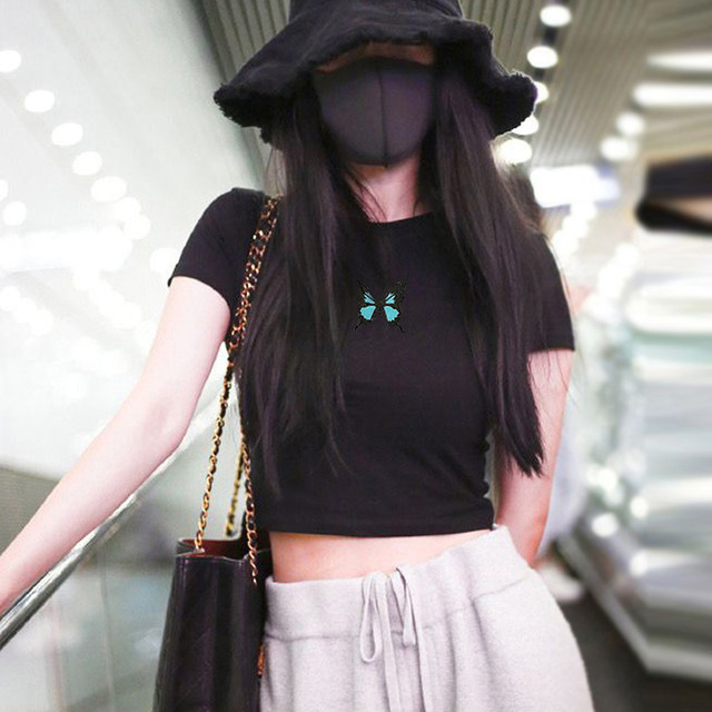 ເສື້ອຍືດ Butterfly 0 summer dress ins super hot high waist exposed navel