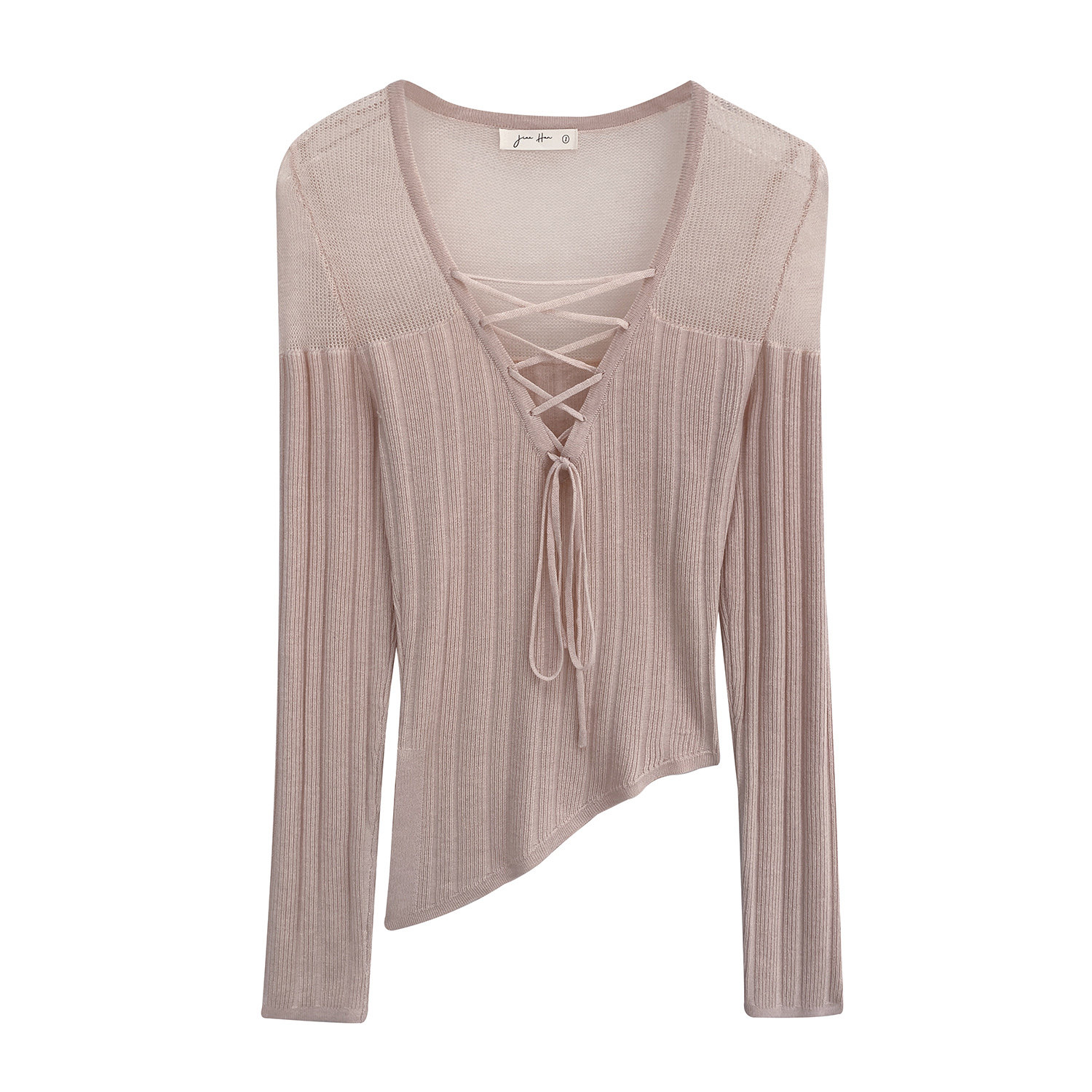 纯欲风粉色绑带镂空V领不规则开叉长袖内搭打底衫女春新款T恤上衣,淘宝优惠券,粉丝福利购,淘宝优惠卷