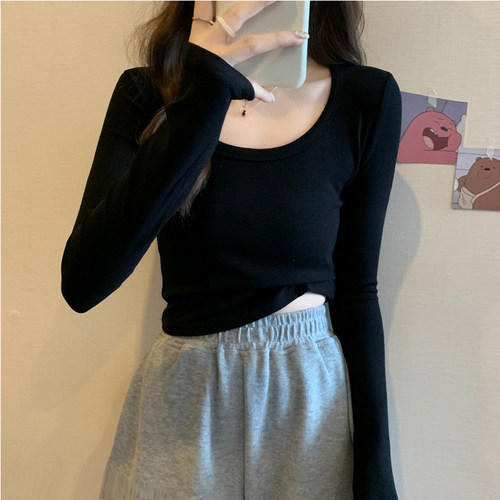长袖t恤女2025低领百搭秋冬季螺纹棉正肩紧身U领打底衫磨毛上衣女 - 图1