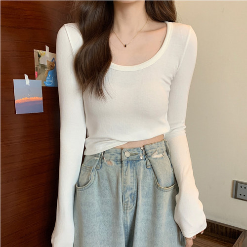 长袖t恤女2025低领百搭秋冬季螺纹棉正肩紧身U领打底衫磨毛上衣女 - 图0