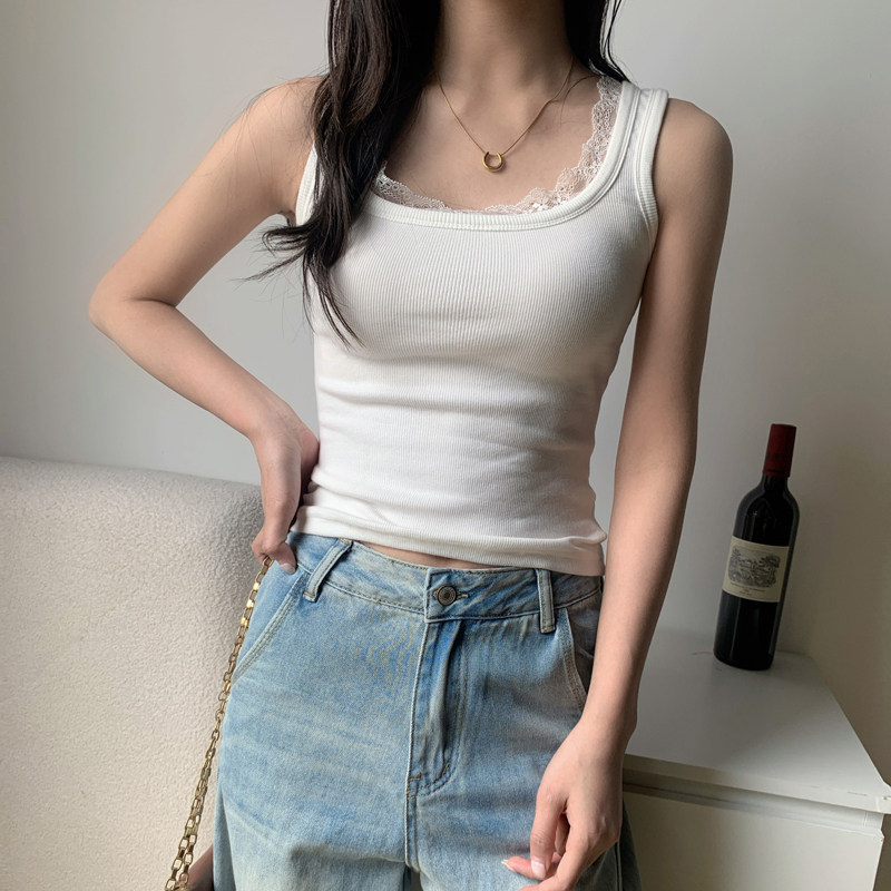 2025春夏白色方领吊带背心女蕾丝拼接设计感上衣纯欲风显瘦打底衫,淘宝优惠券,粉丝福利购,淘宝优惠卷