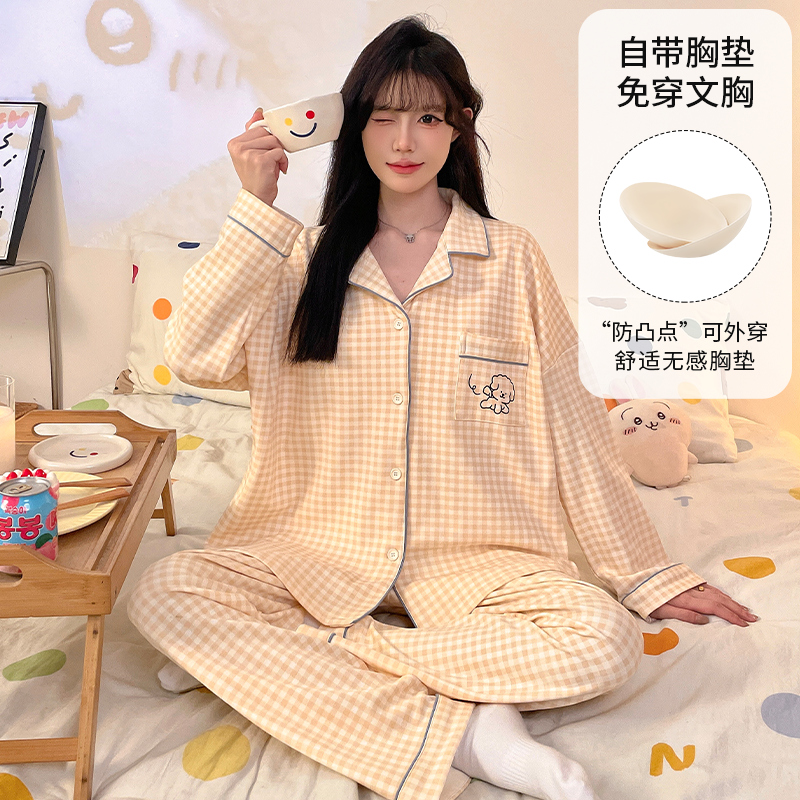 晚眠带胸垫睡衣女款春秋长袖格子2025年新款秋冬季大码家居服套装 - 图2