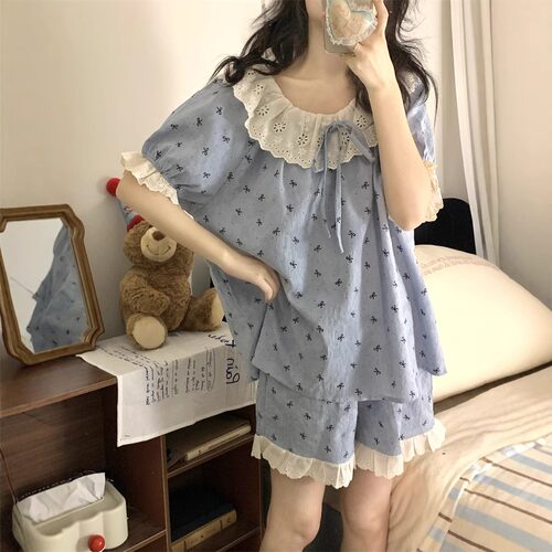 晚眠带胸垫睡衣女夏季薄款短袖2026年新款公主风两件套装家居服 - 图1