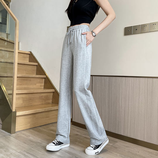 Versión negra estrecha pantalones deportivos de patas rectas para mujeres con cintura alta caída verano delgada algodón puro alargado de gran tamaño alto casual
