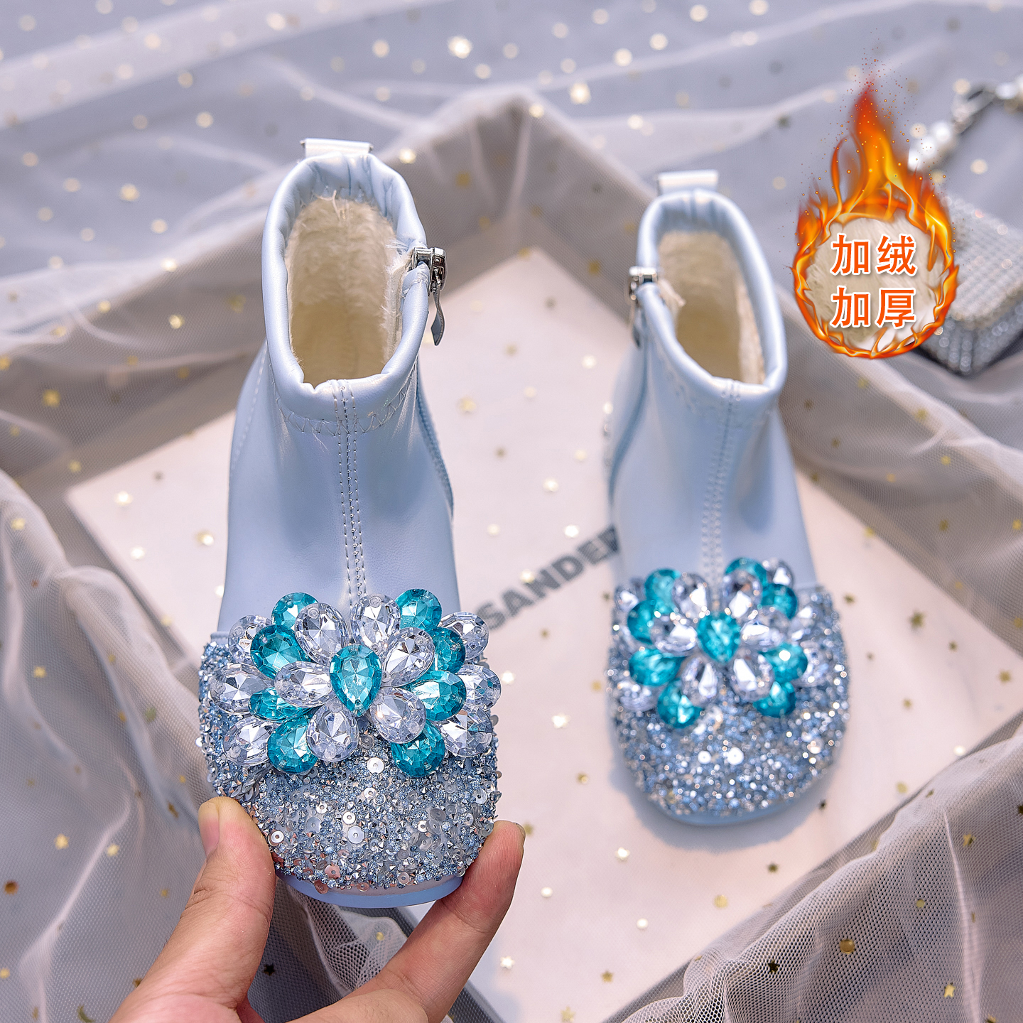 女童水晶短靴2025秋冬新款软底女孩公主鞋加绒儿童靴子高跟鞋皮靴 - 图2